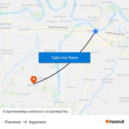 Piacenza to Agazzano map