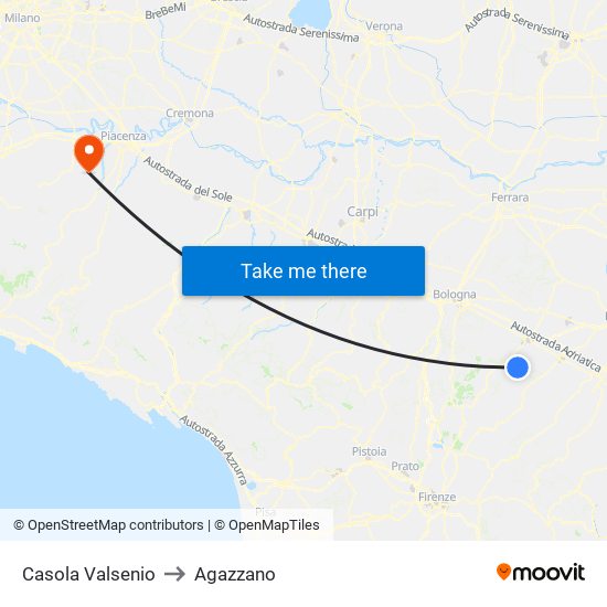 Casola Valsenio to Agazzano map