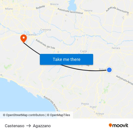 Castenaso to Agazzano map