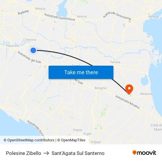 Polesine Zibello to Sant'Agata Sul Santerno map