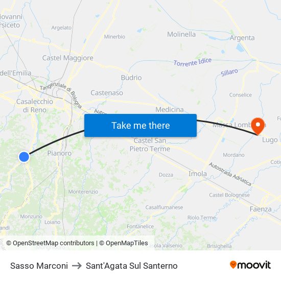 Sasso Marconi to Sant'Agata Sul Santerno map