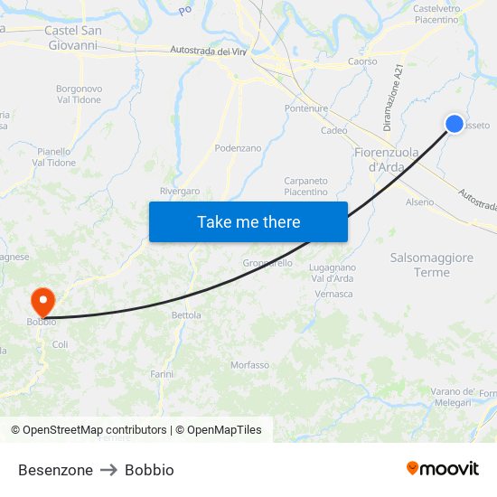 Besenzone to Bobbio map