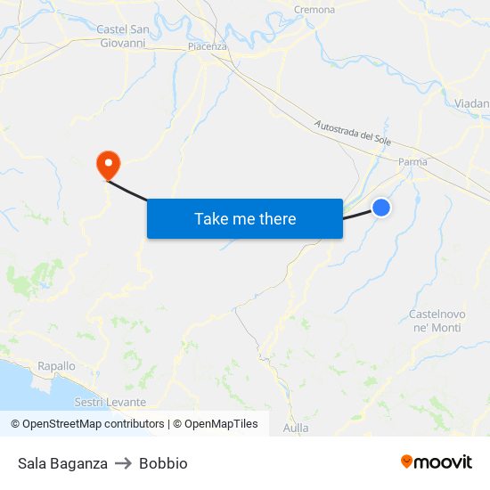 Sala Baganza to Bobbio map