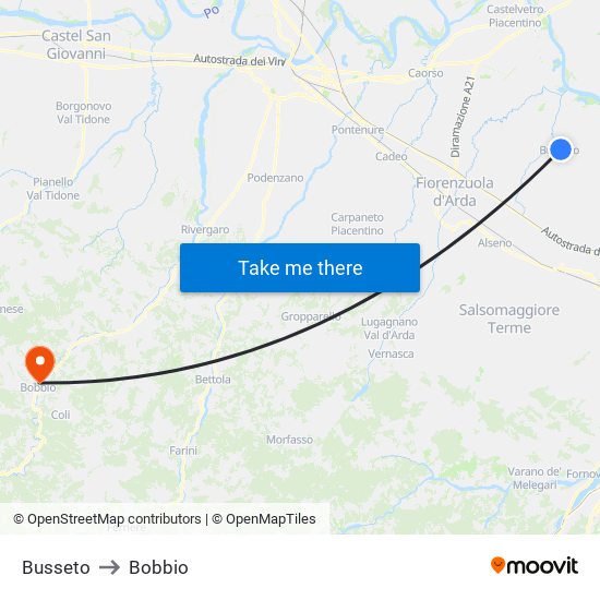 Busseto to Bobbio map