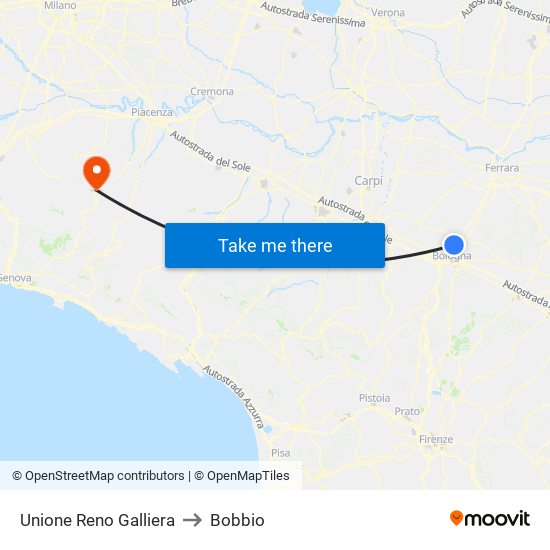 Unione Reno Galliera to Bobbio map