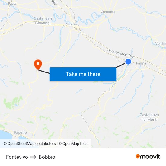 Fontevivo to Bobbio map