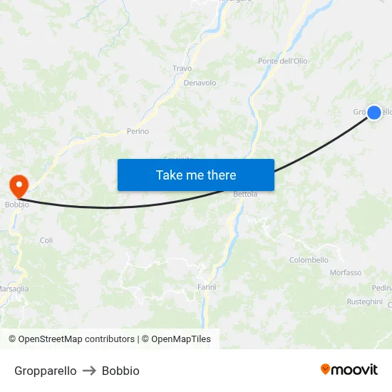 Gropparello to Bobbio map
