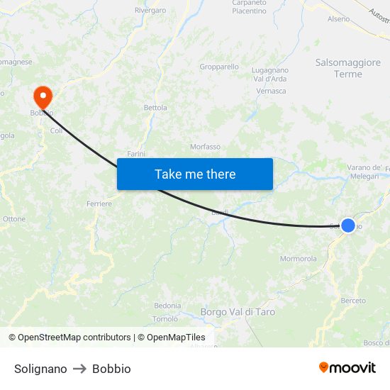 Solignano to Bobbio map