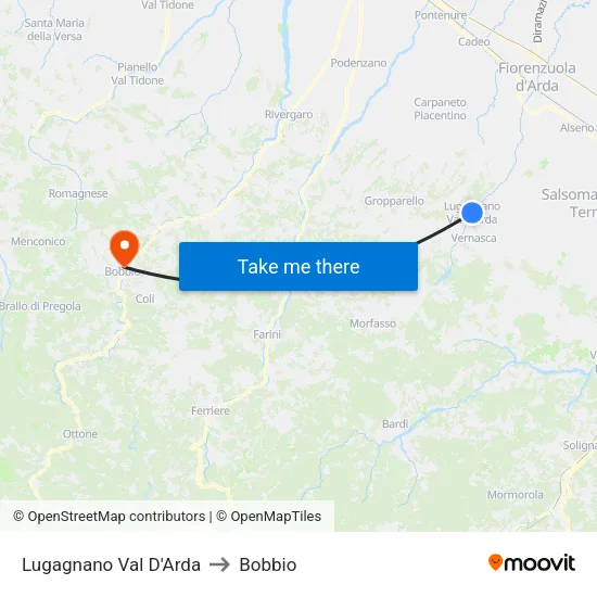 Lugagnano Val D'Arda to Bobbio map