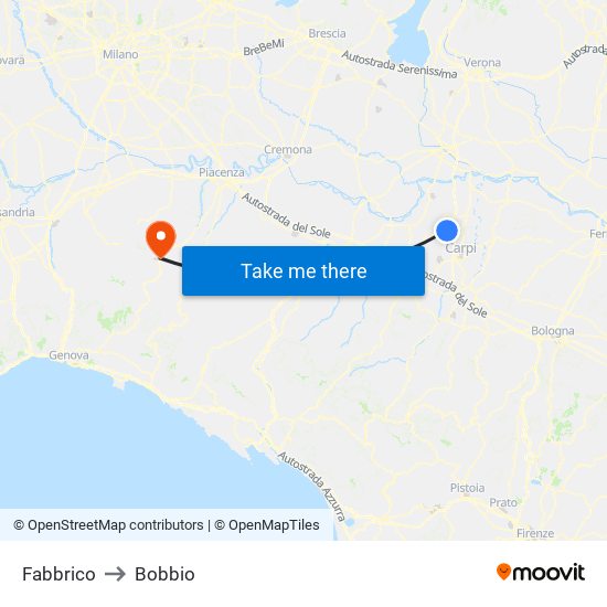 Fabbrico to Bobbio map