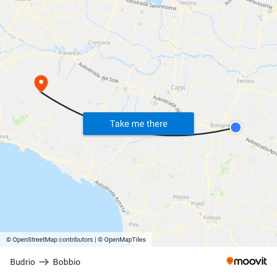 Budrio to Bobbio map