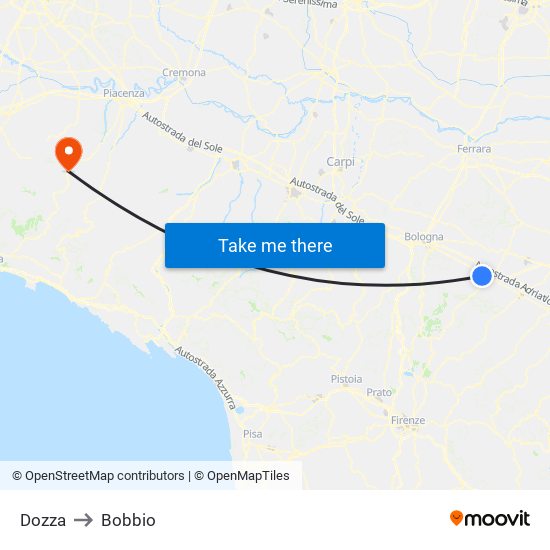 Dozza to Bobbio map