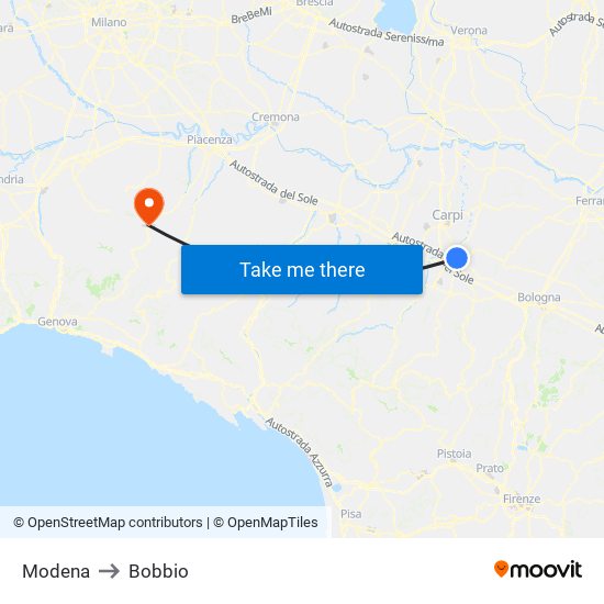 Modena to Bobbio map