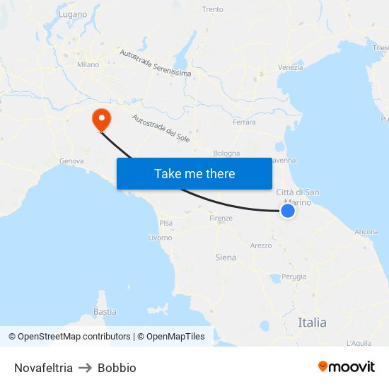 Novafeltria to Bobbio map