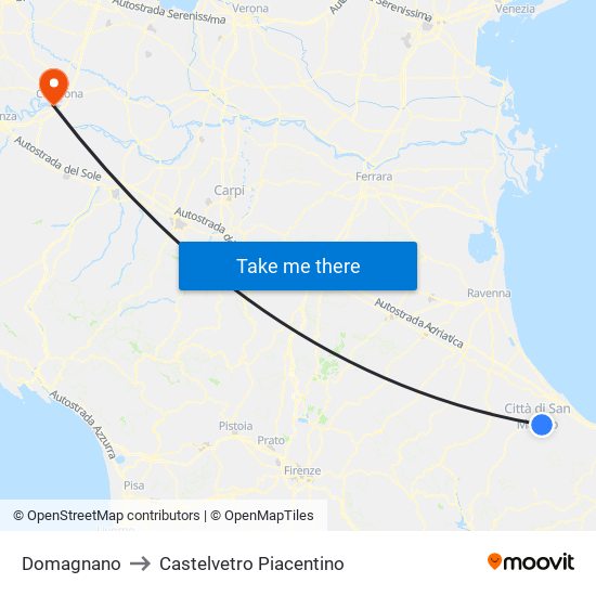 Domagnano to Castelvetro Piacentino map