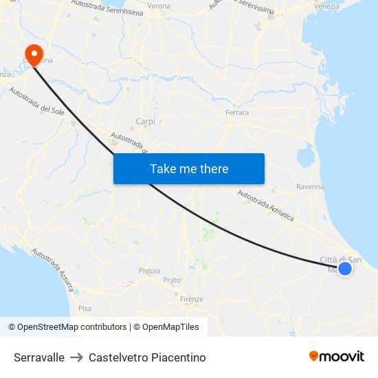 Serravalle to Castelvetro Piacentino map