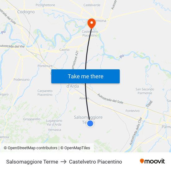 Salsomaggiore Terme to Castelvetro Piacentino map