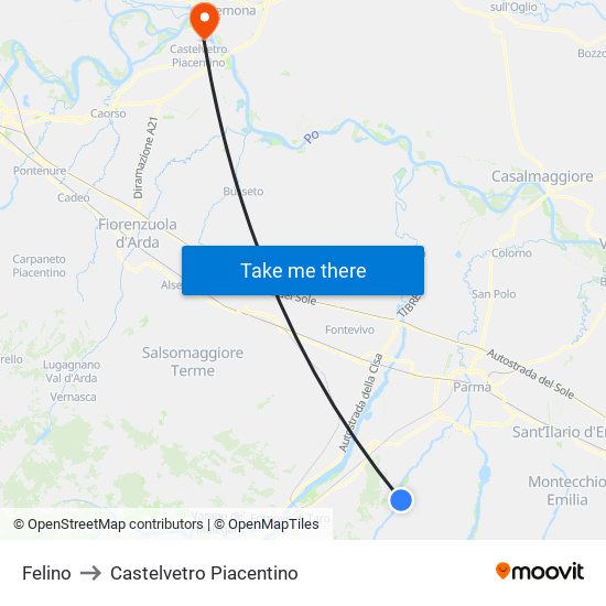 Felino to Castelvetro Piacentino map