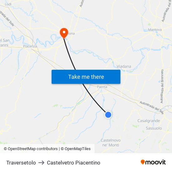 Traversetolo to Castelvetro Piacentino map