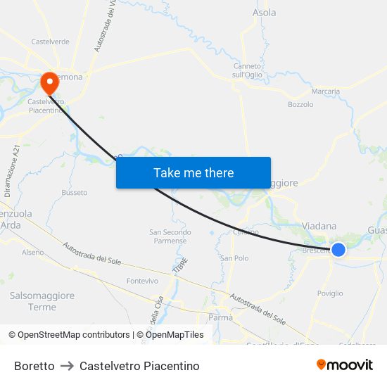 Boretto to Castelvetro Piacentino map