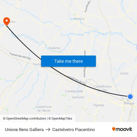 Unione Reno Galliera to Castelvetro Piacentino map