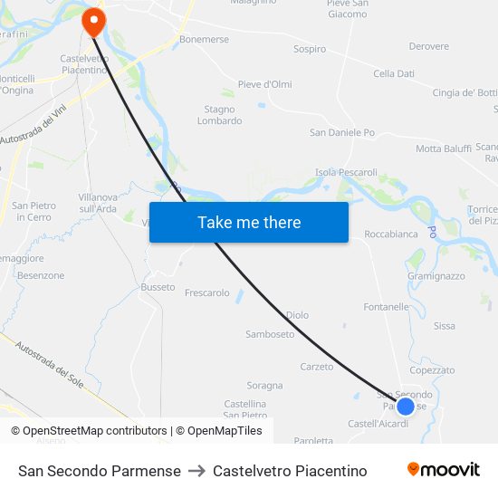 San Secondo Parmense to Castelvetro Piacentino map