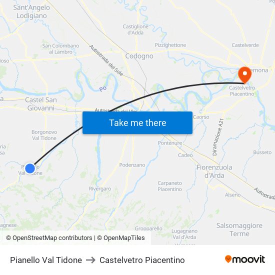 Pianello Val Tidone to Castelvetro Piacentino map