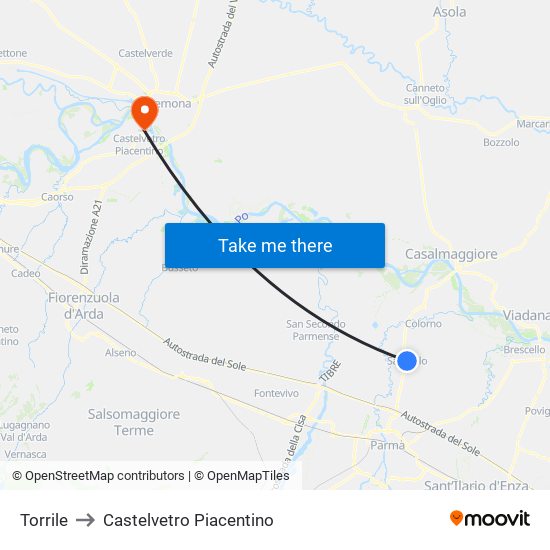 Torrile to Castelvetro Piacentino map