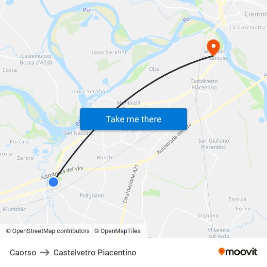 Caorso to Castelvetro Piacentino map