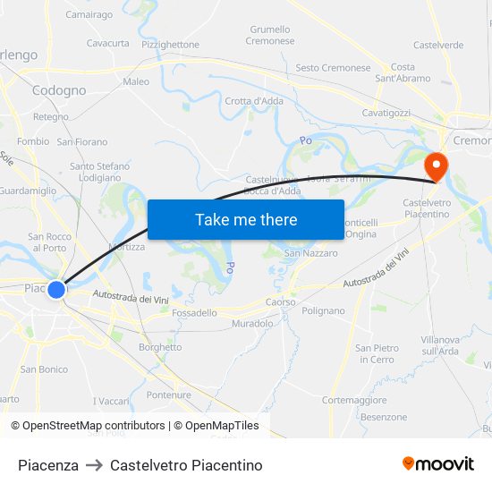 Piacenza to Castelvetro Piacentino map