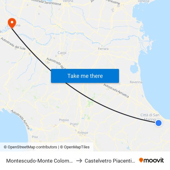 Montescudo-Monte Colombo to Castelvetro Piacentino map
