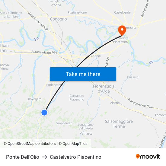 Ponte Dell'Olio to Castelvetro Piacentino map