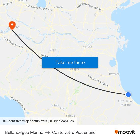 Bellaria-Igea Marina to Castelvetro Piacentino map