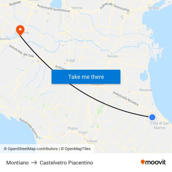 Montiano to Castelvetro Piacentino map