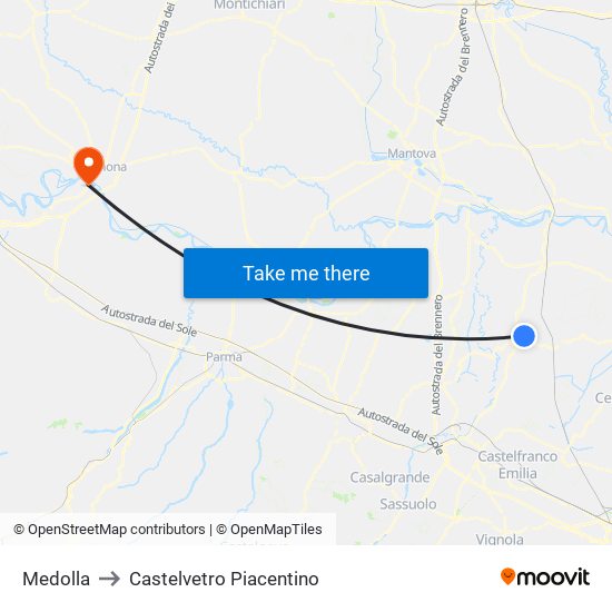 Medolla to Castelvetro Piacentino map