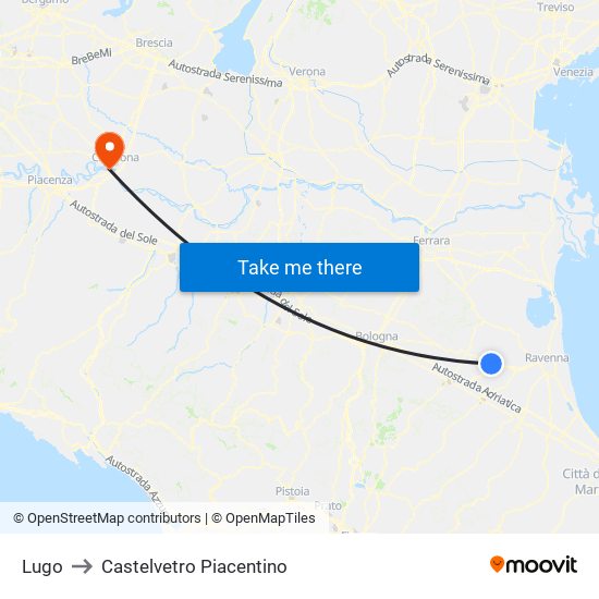 Lugo to Castelvetro Piacentino map