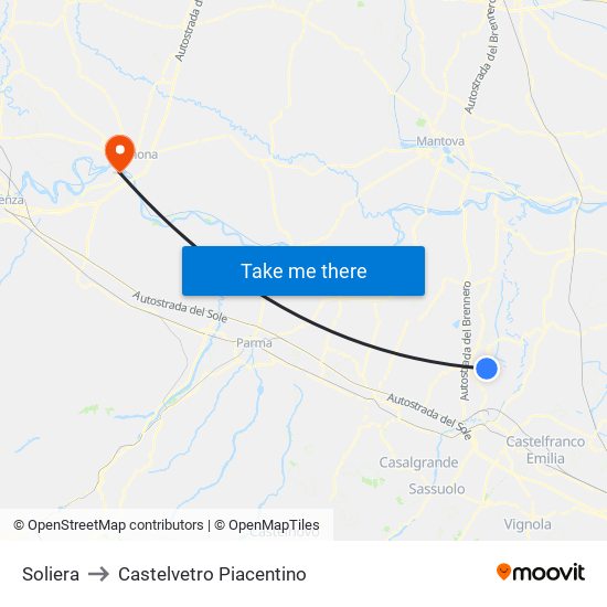 Soliera to Castelvetro Piacentino map