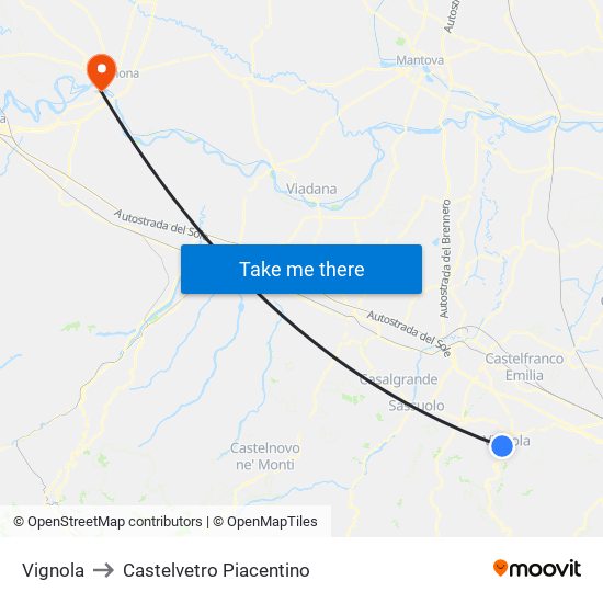 Vignola to Castelvetro Piacentino map