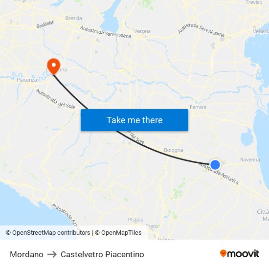 Mordano to Castelvetro Piacentino map