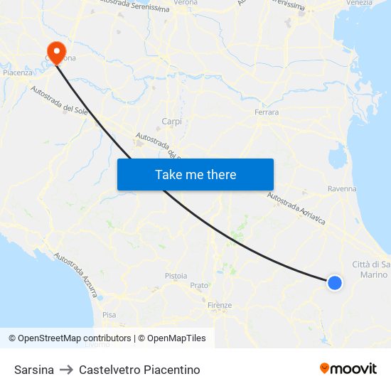 Sarsina to Castelvetro Piacentino map