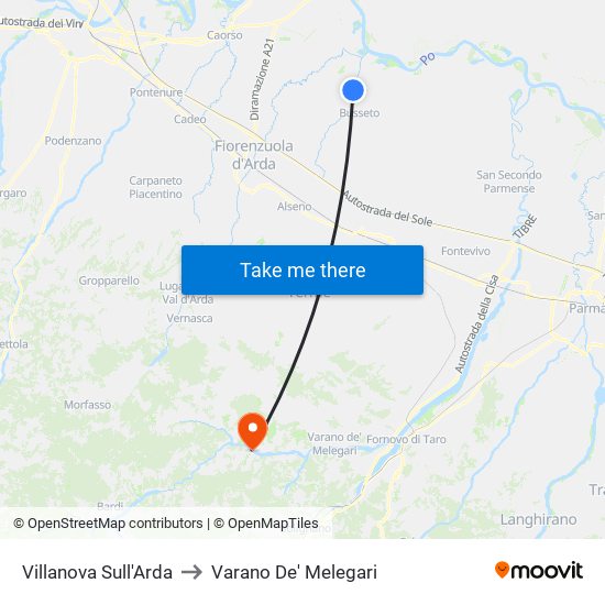 Villanova Sull'Arda to Varano De' Melegari map