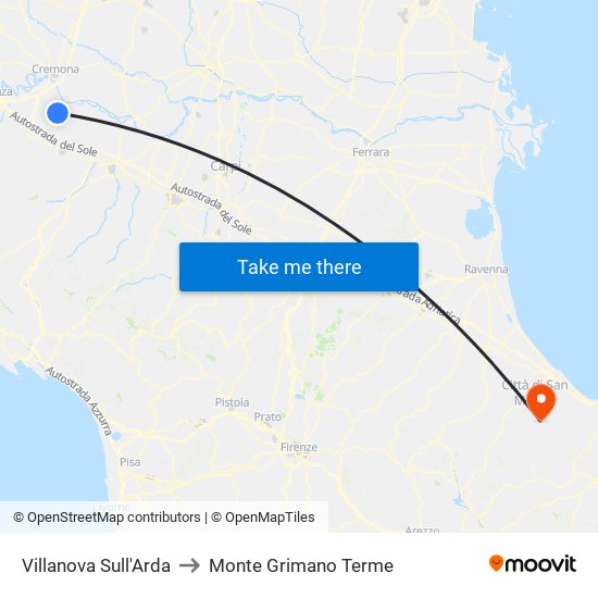 Villanova Sull'Arda to Monte Grimano Terme map