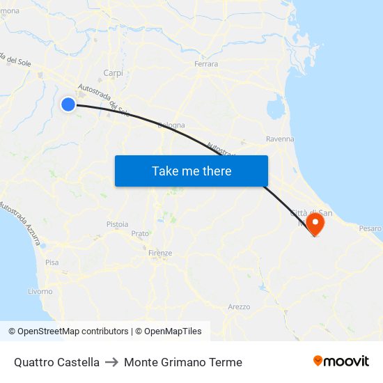 Quattro Castella to Monte Grimano Terme map