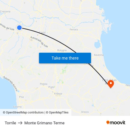 Torrile to Monte Grimano Terme map