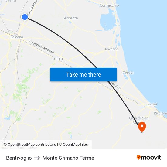 Bentivoglio to Monte Grimano Terme map