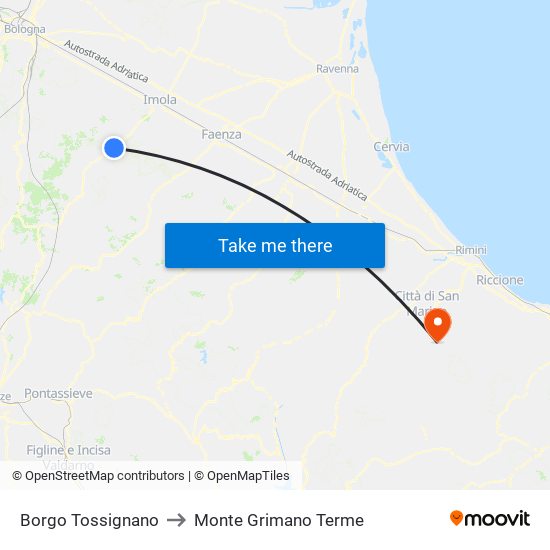 Borgo Tossignano to Monte Grimano Terme map