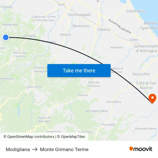 Modigliana to Monte Grimano Terme map