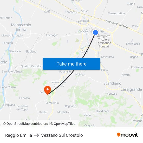Reggio Emilia to Vezzano Sul Crostolo map