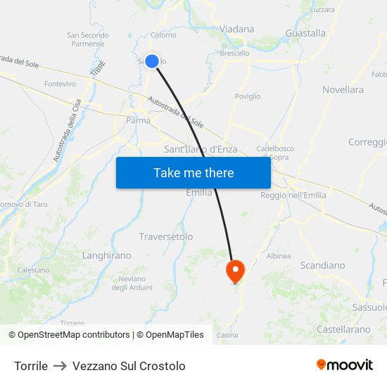 Torrile to Vezzano Sul Crostolo map