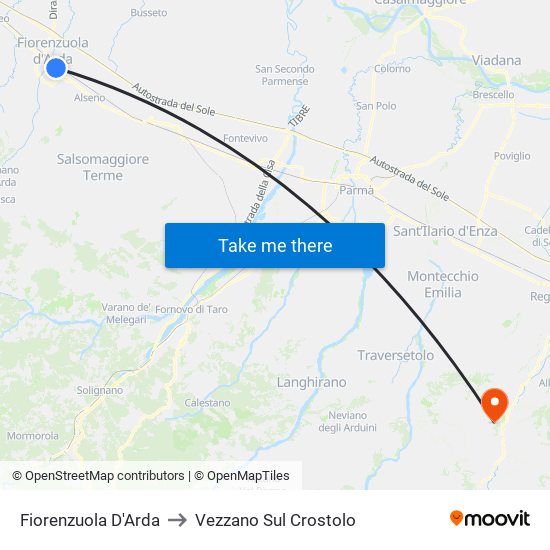 Fiorenzuola D'Arda to Vezzano Sul Crostolo map